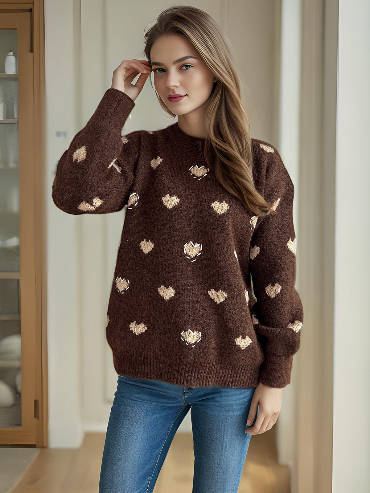 Heart Round Neck Long Sleeve Sweater Trendsi