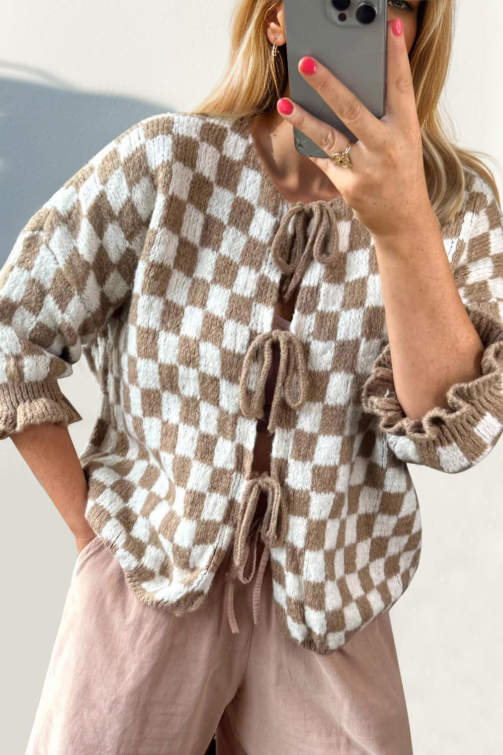 Double Take Tied Checkered Dropped Shoulder Flounce Sleeve Cardigan Trendsi