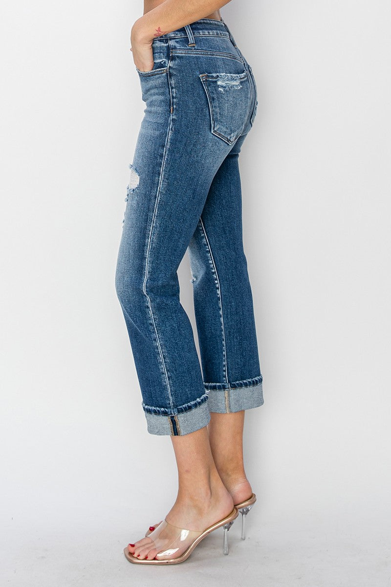 RISEN Full Size Cuffed Ankle Distressed Straight Jeans Trendsi