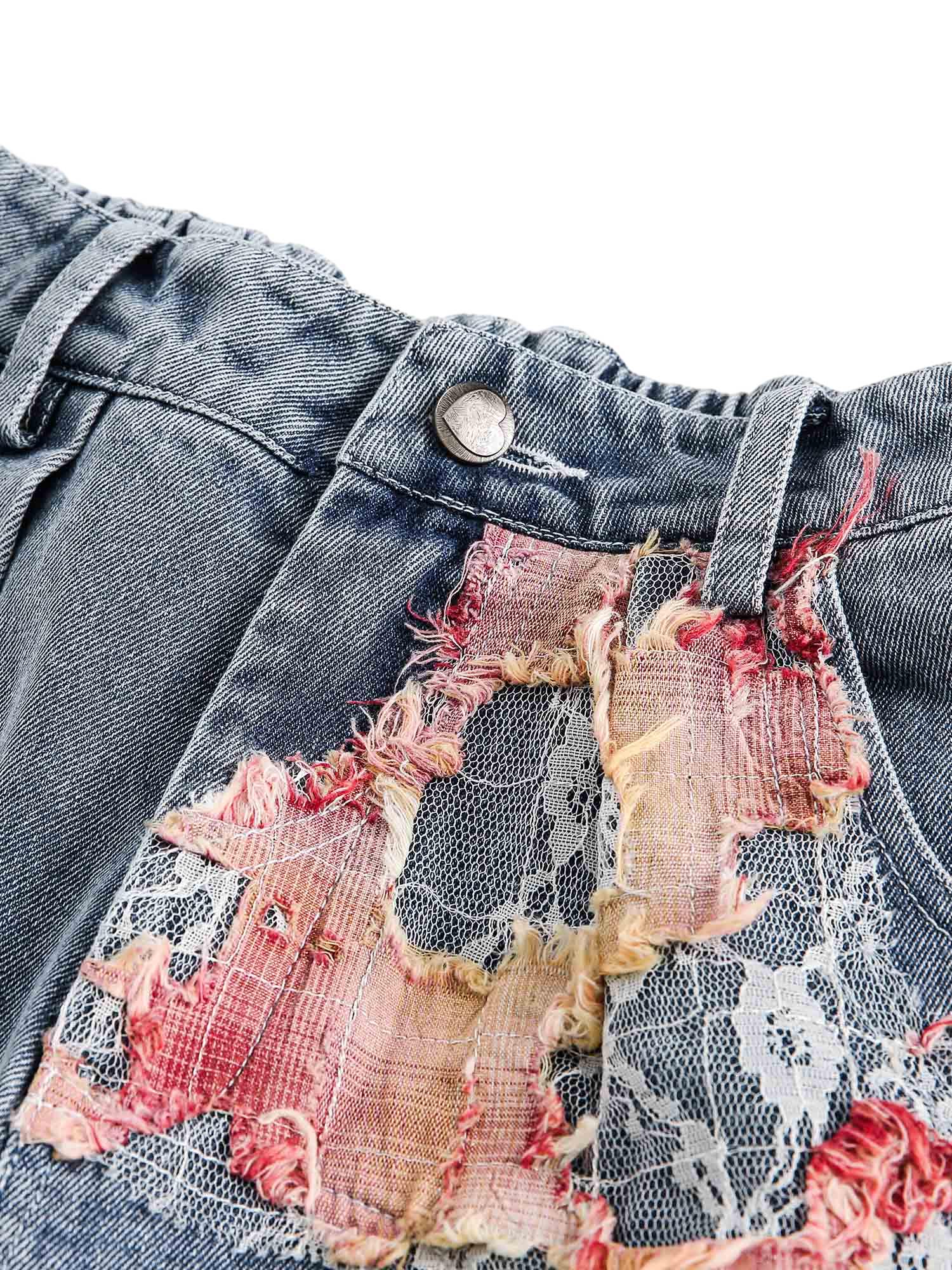 Sneakerhill Craftsmanship Ripped Floral Denim Shorts - 2135