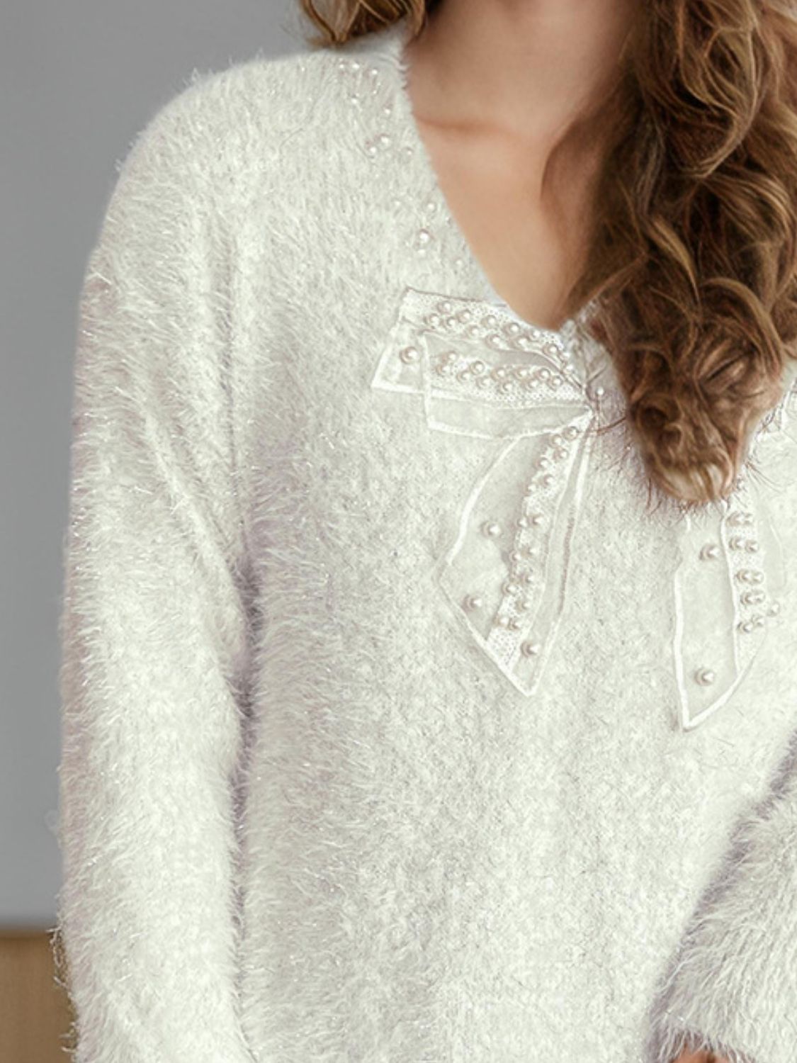 Bow Pearl Detail V-Neck Long Sleeve Sweater Trendsi