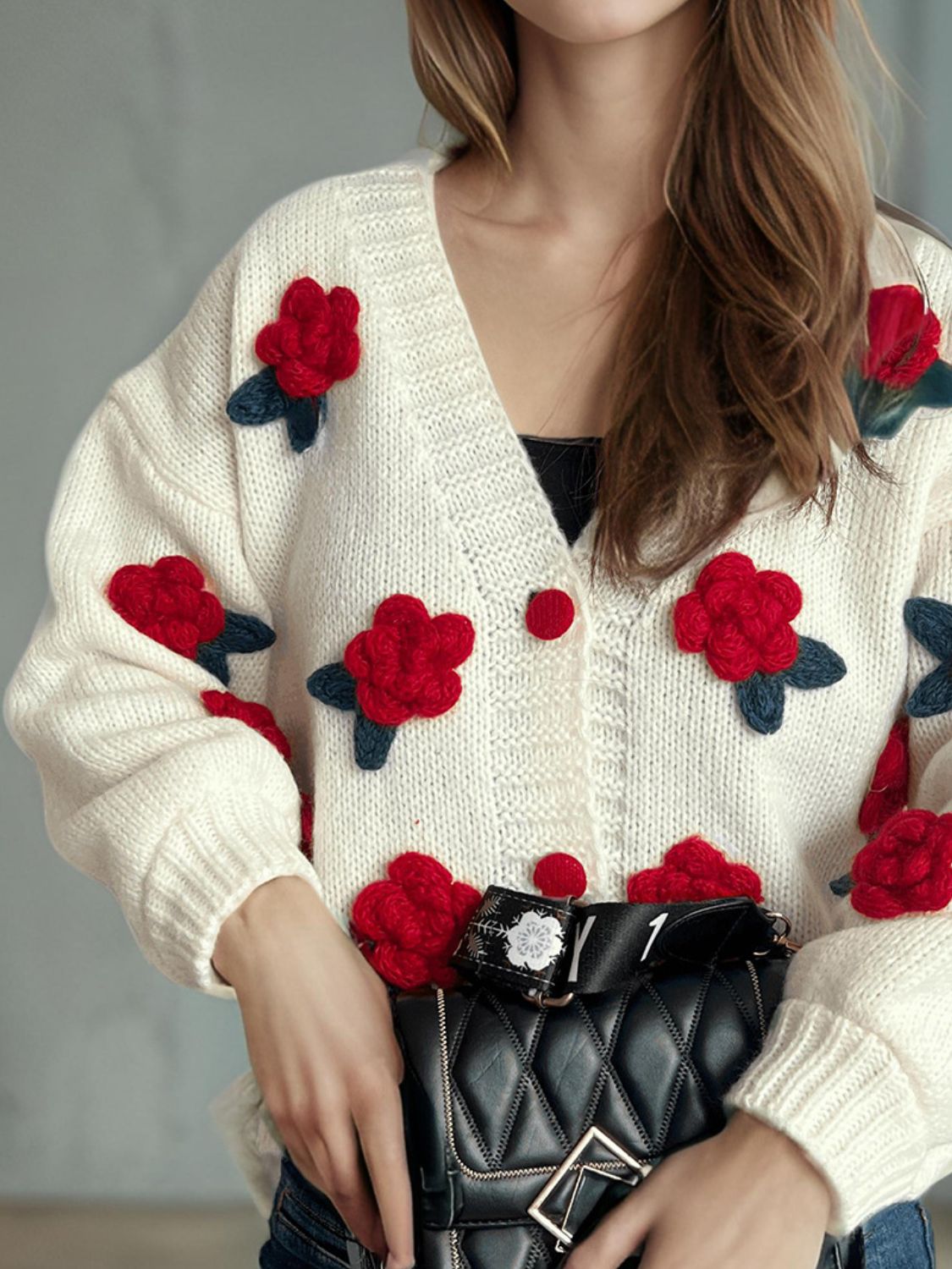 Flower Button Down V-Neck Long Sleeve Cardigan Trendsi