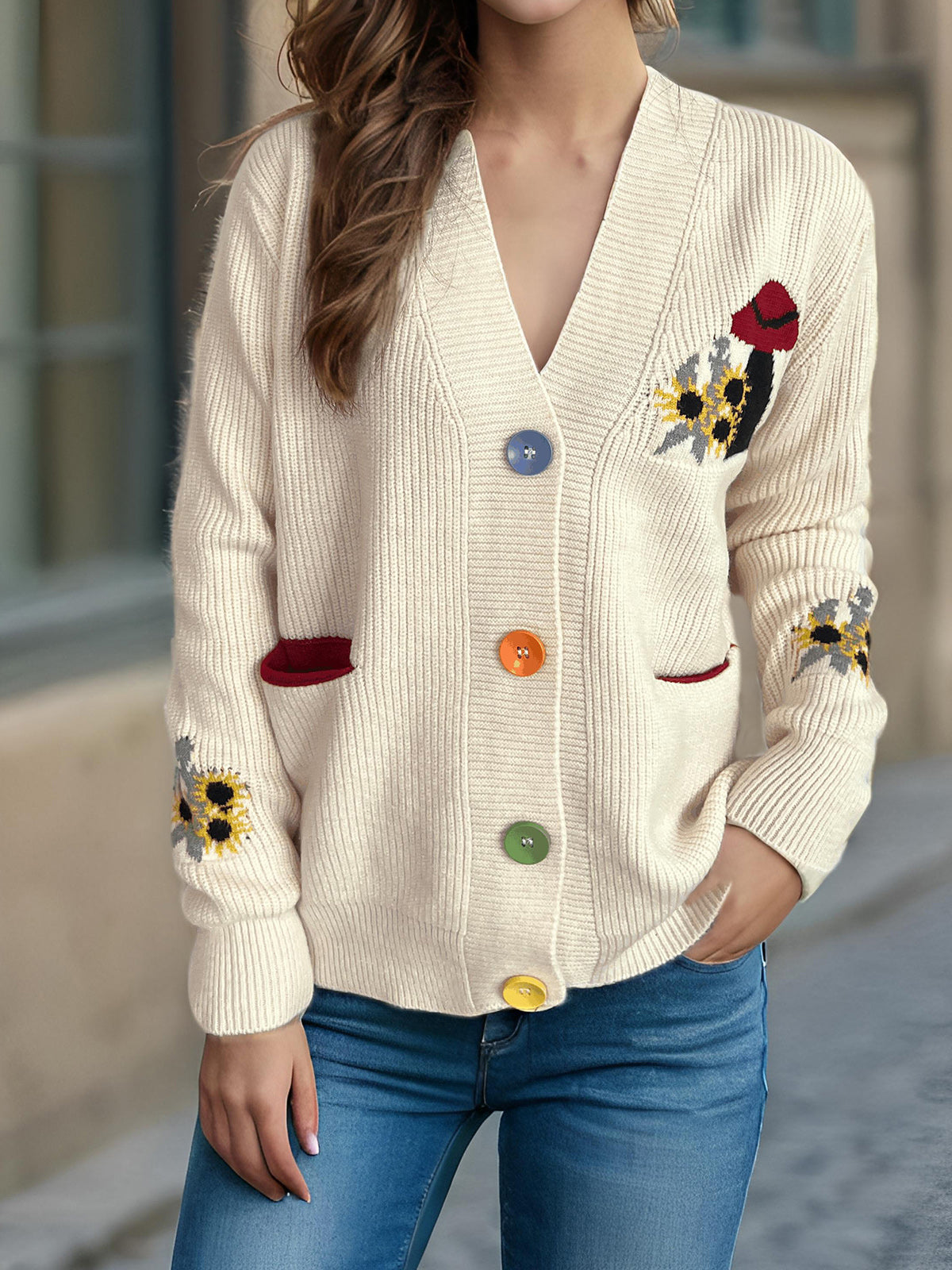 Contrast Button V-Neck Long Sleeve Cardigan Trendsi