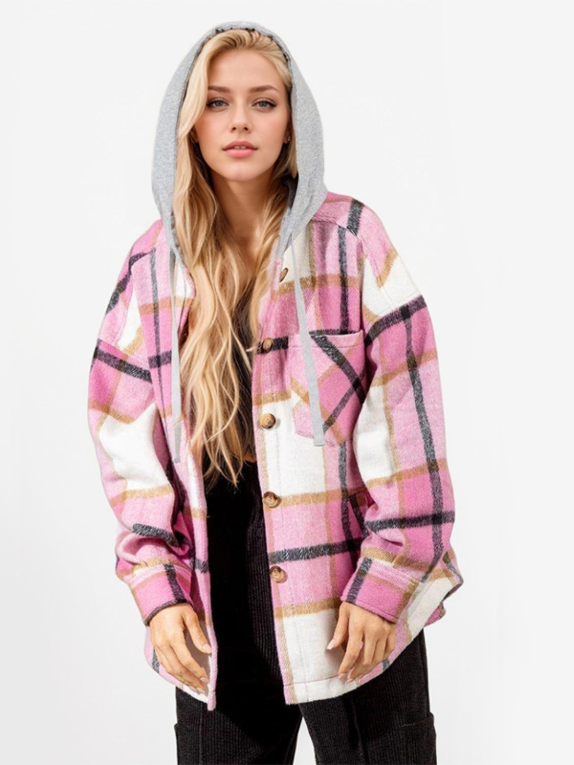 Drawstring Plaid Button Up Long Sleeve Outerwear Trendsi