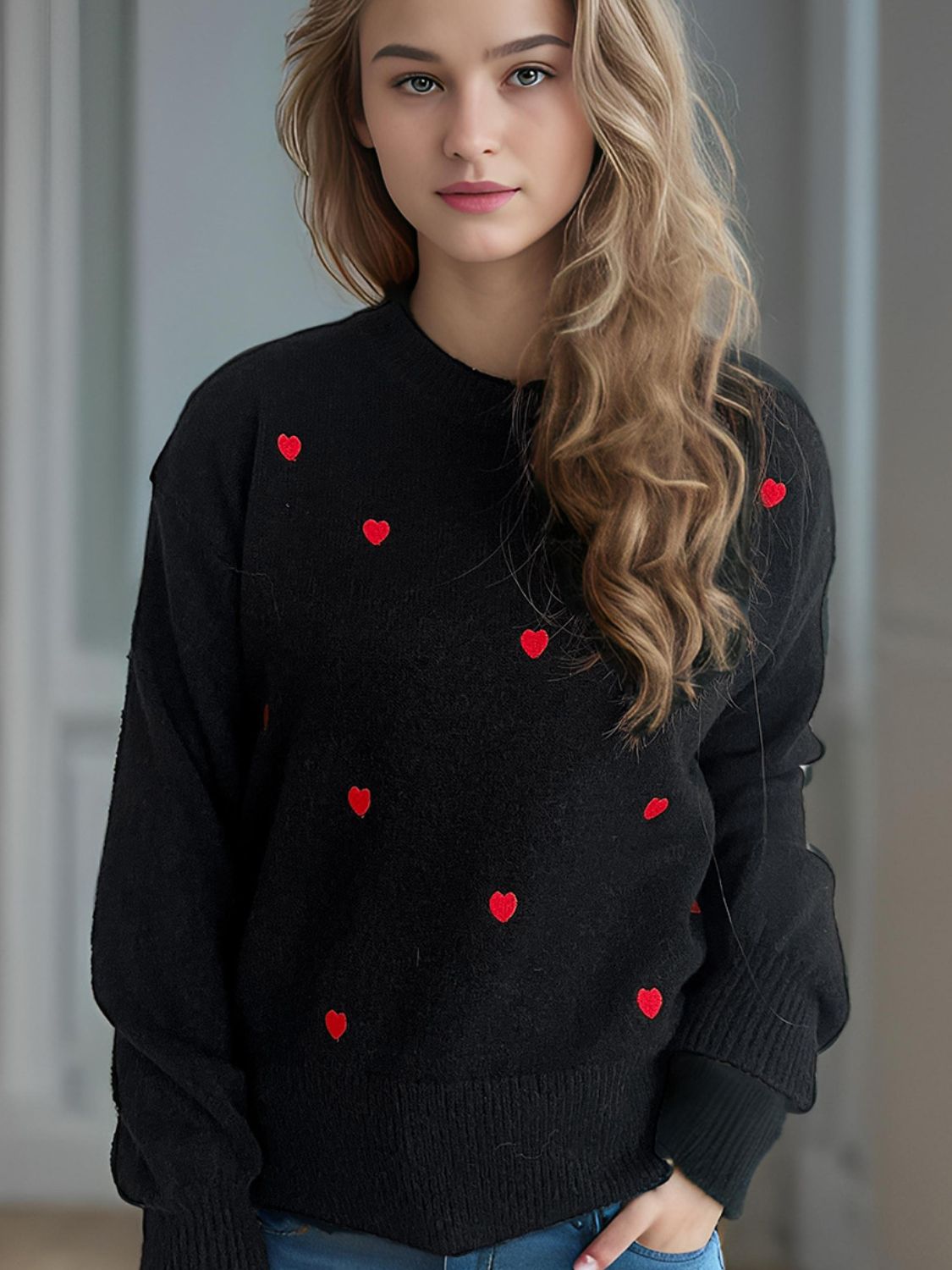 Heart Round Neck Long Sleeve Sweater Trendsi