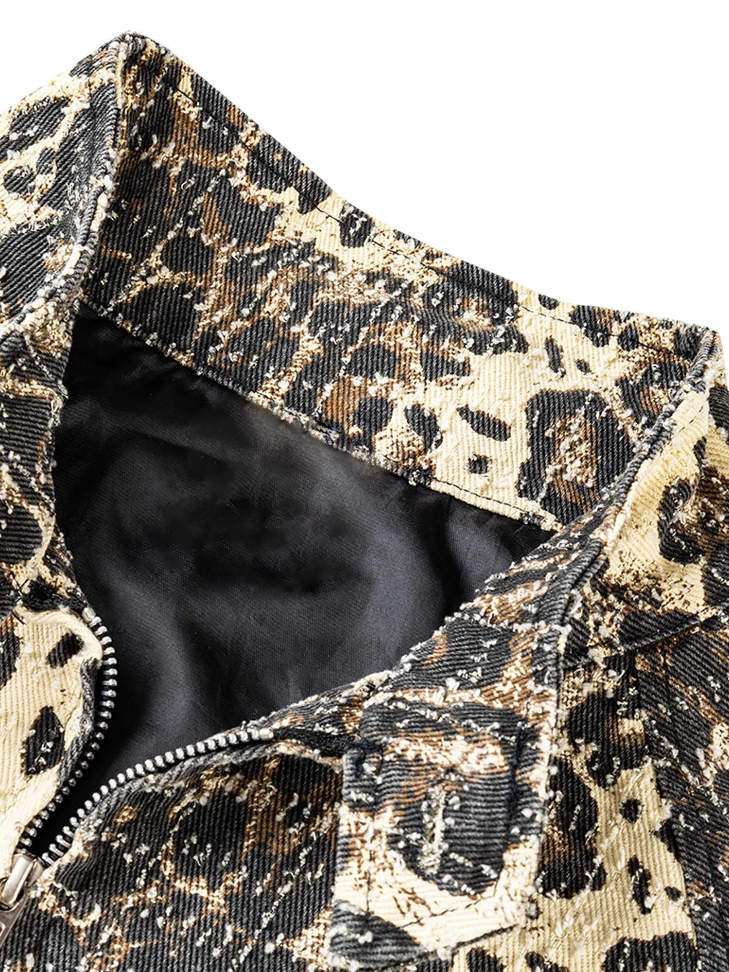 Sneakerhill Retro Leopard Printed Denim Jacket - sneakerhillcom