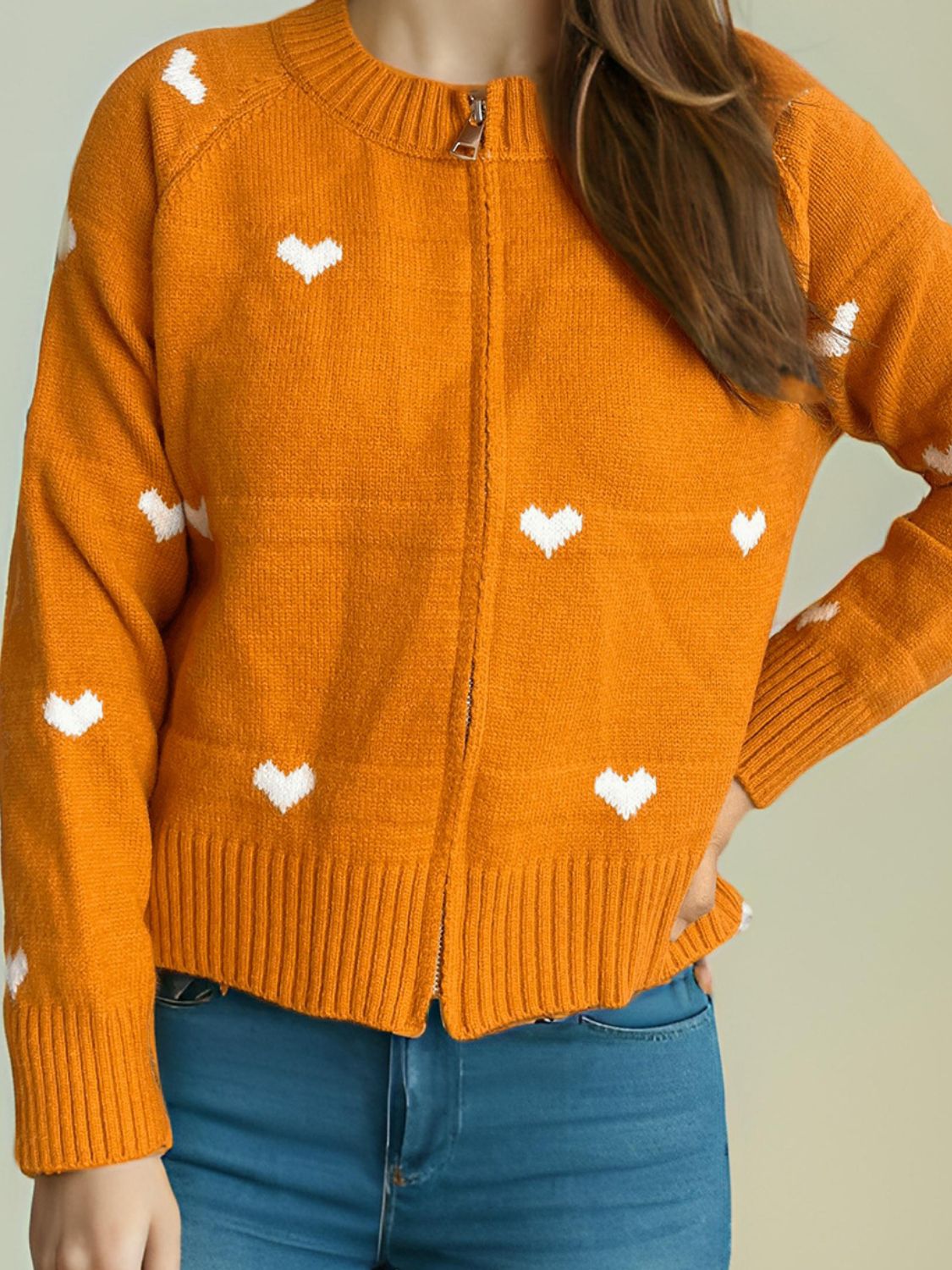 Heart Round Neck Zip Up Cardigan Trendsi