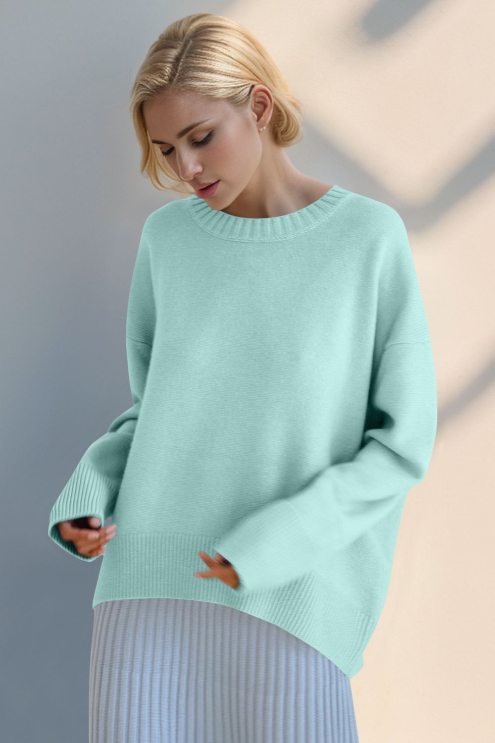 Basic Bae Round Neck Dropped Shoulder Sweater Trendsi