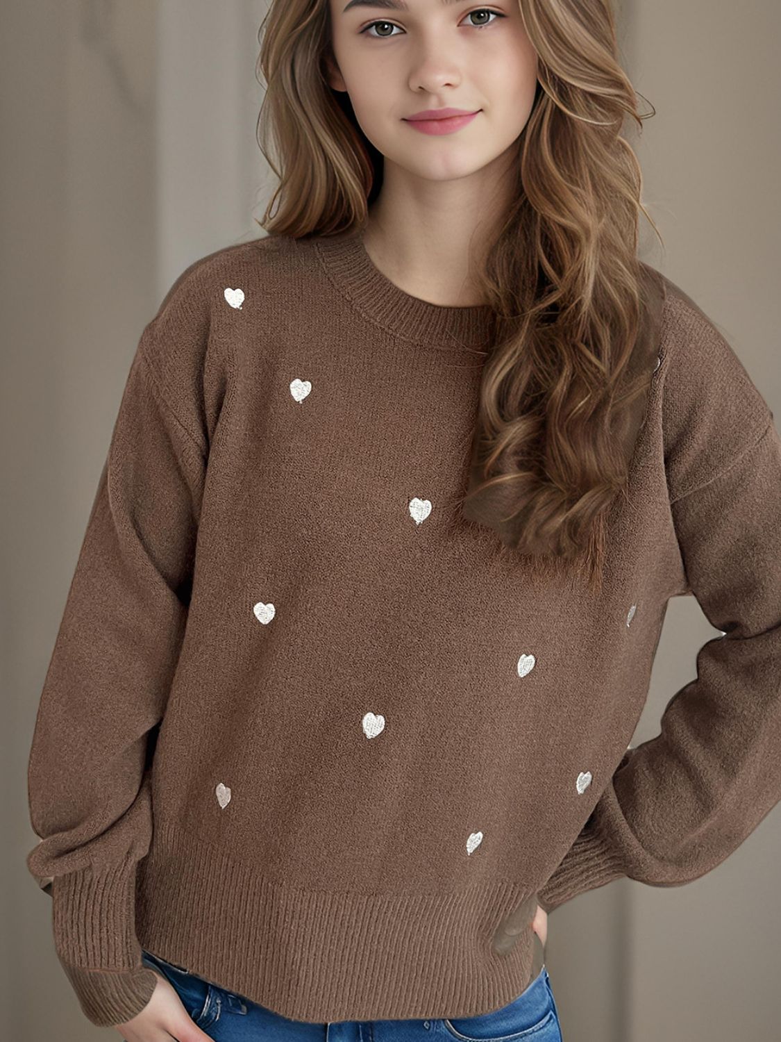 Heart Round Neck Long Sleeve Sweater Trendsi