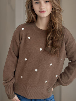 Heart Round Neck Long Sleeve Sweater Trendsi