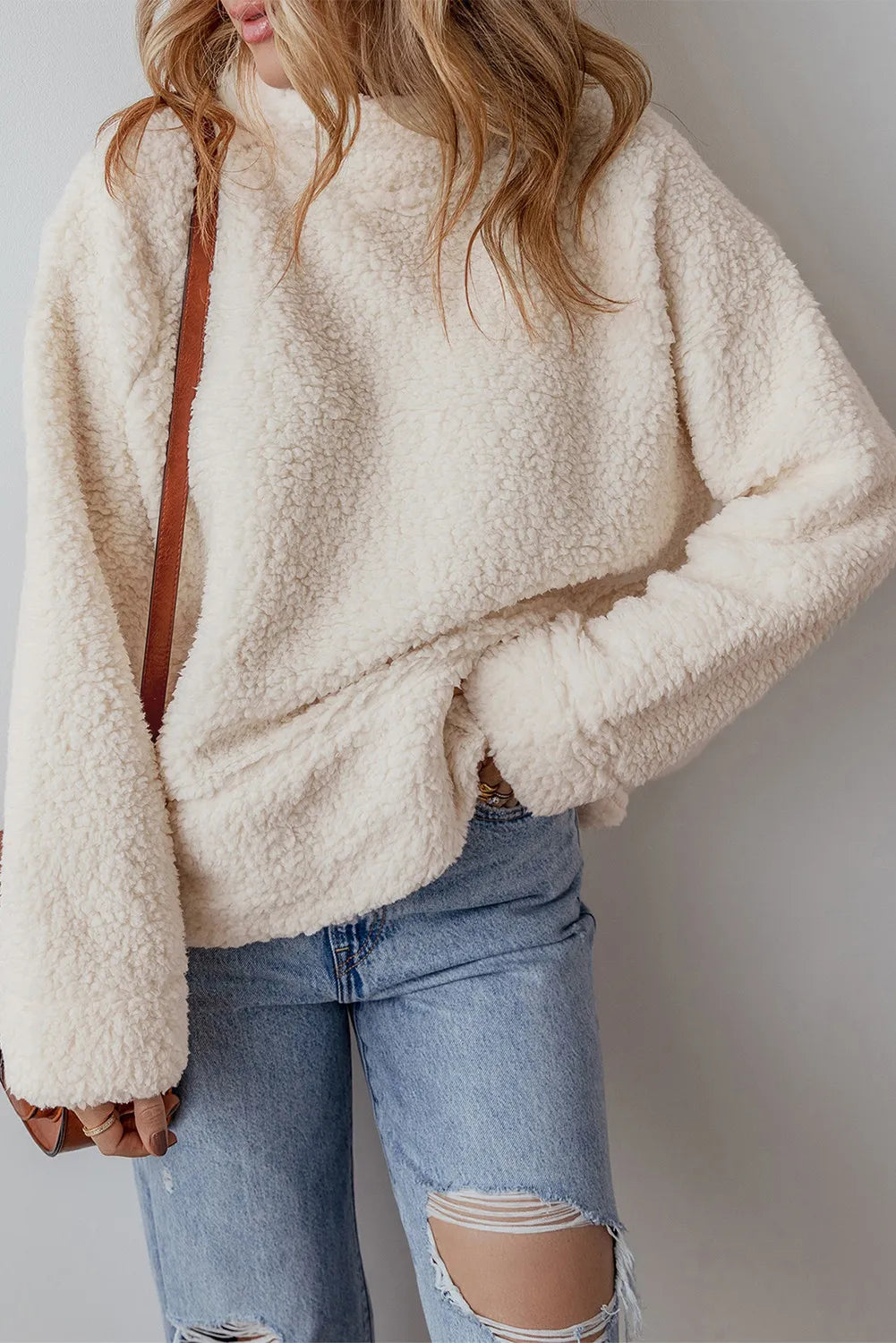 Turtleneck Long Sleeve Slit Fleece Sweatshirt Trendsi