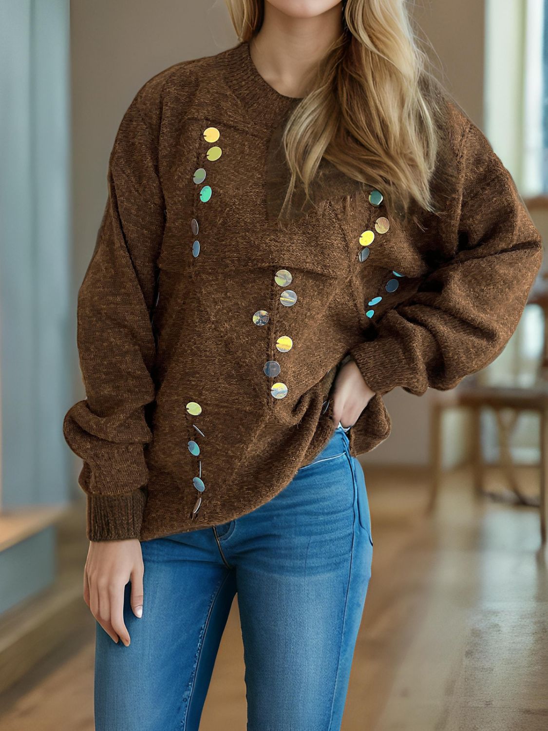 Sequin Mock Neck Long Sleeve Sweater Trendsi