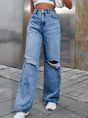 Distressed Wide Leg Jeans with Pockets Trendsi