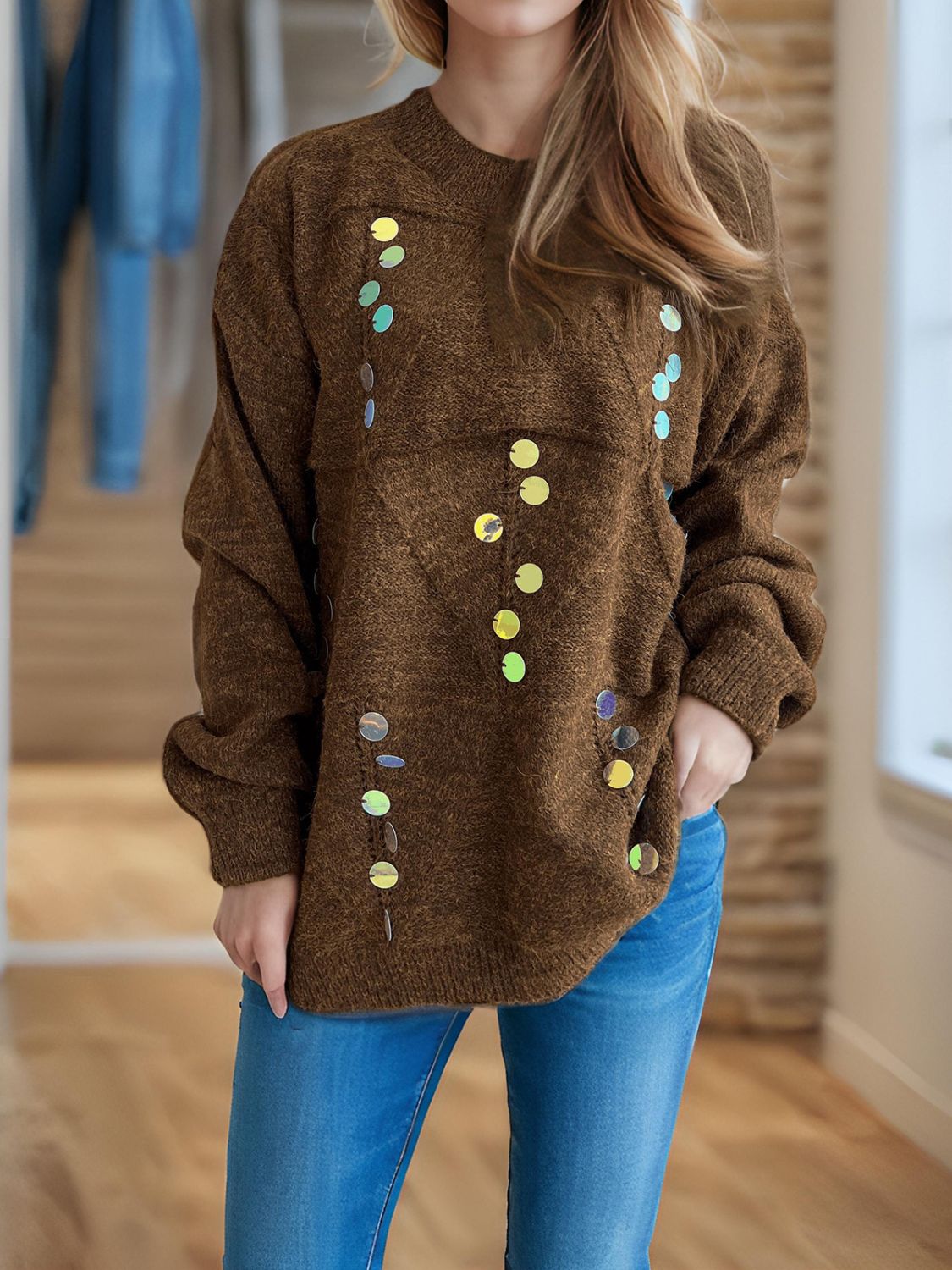 Sequin Mock Neck Long Sleeve Sweater Trendsi