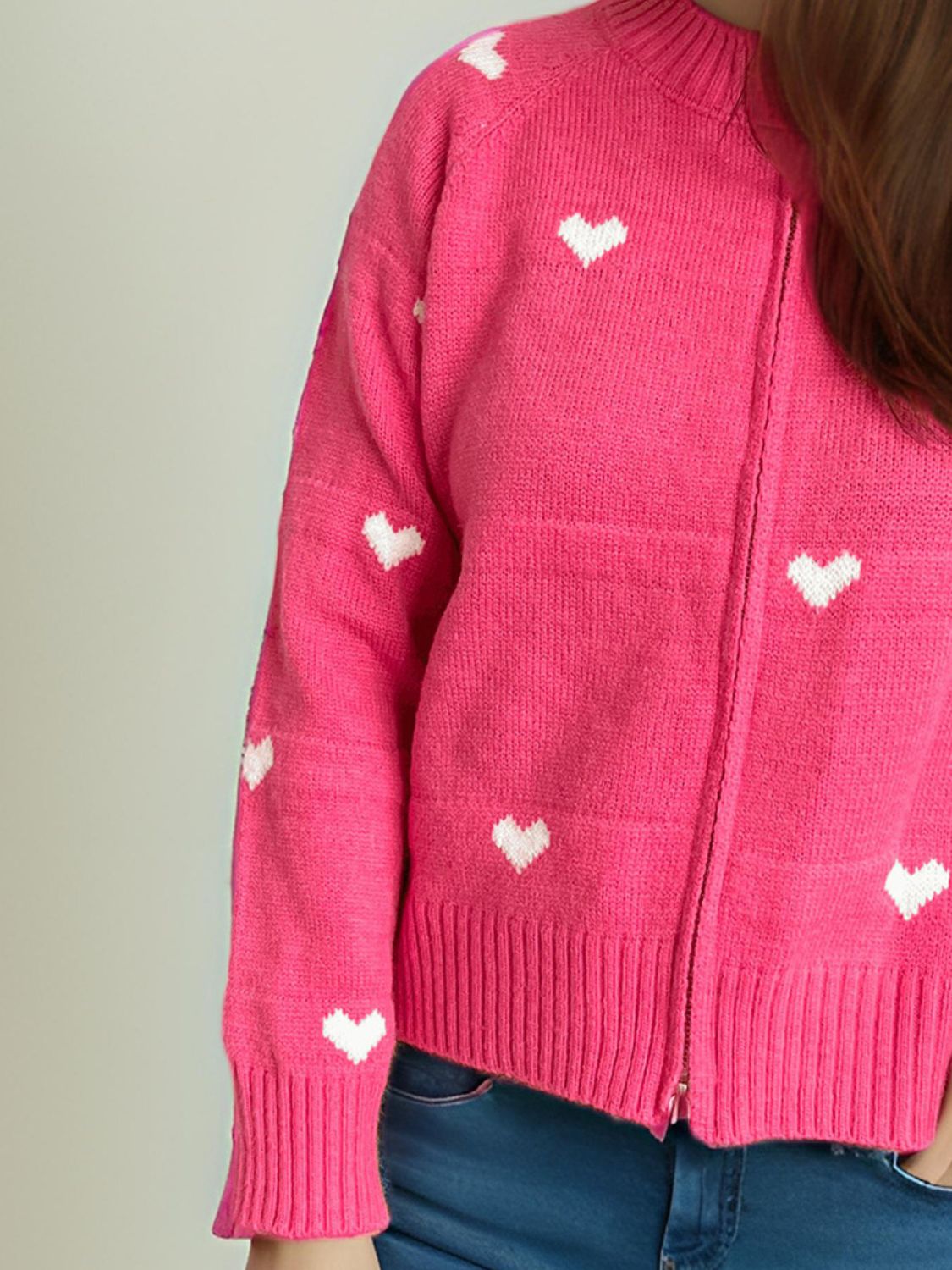 Heart Round Neck Zip Up Cardigan Trendsi