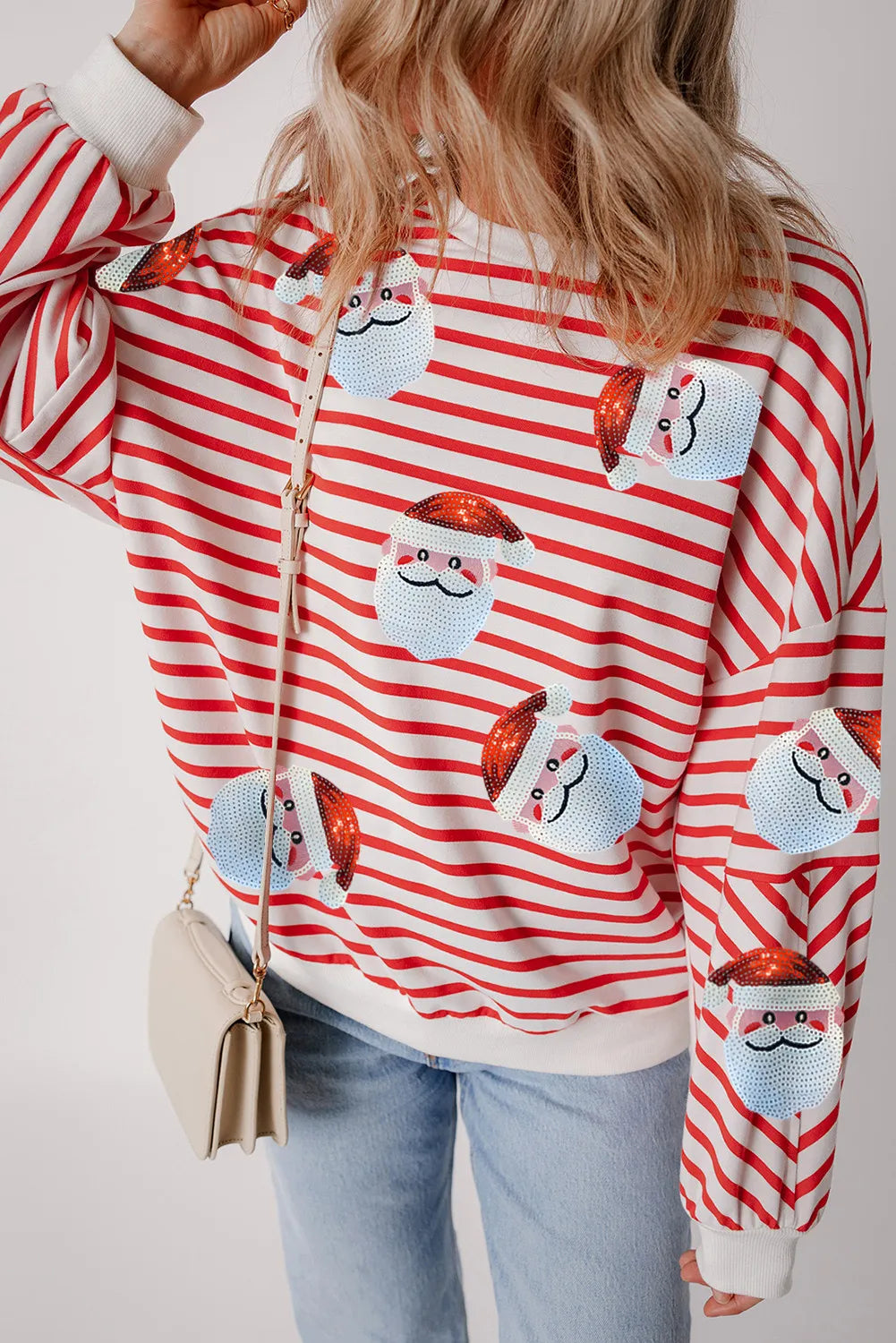 Sequin Santa Striped Round Neck Long Sleeve Sweatshirt Trendsi