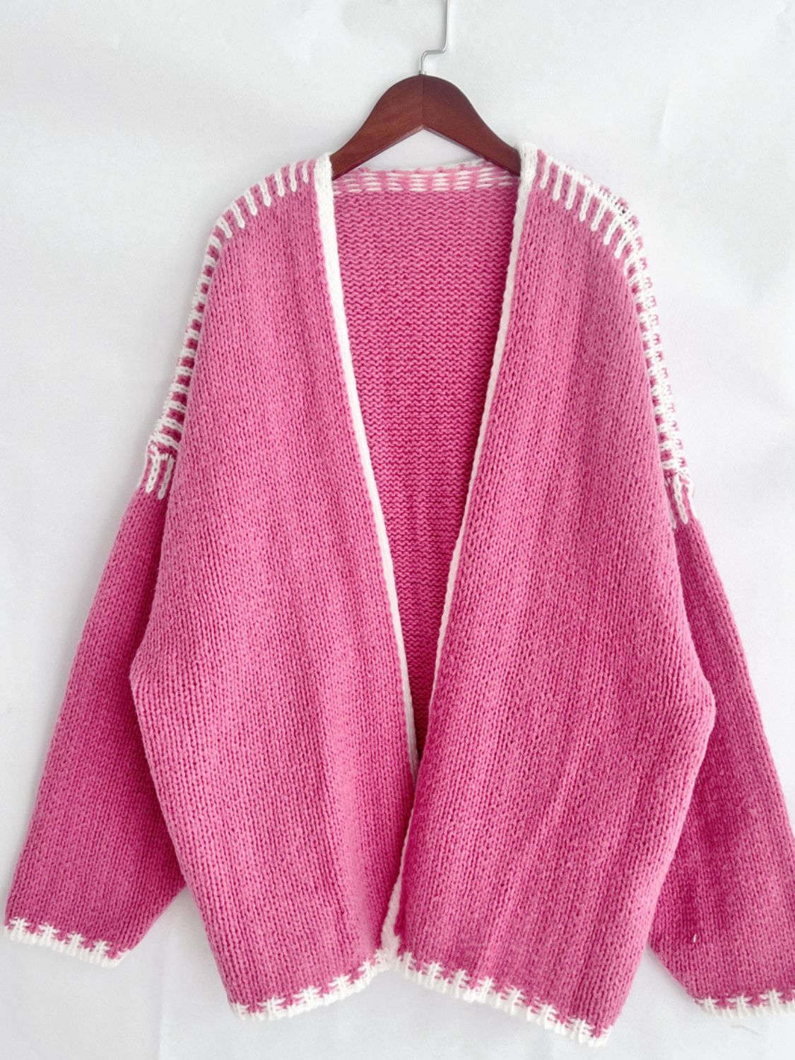 Double Take Contrast Open Front Dropped Shoulder Cardigan Trendsi