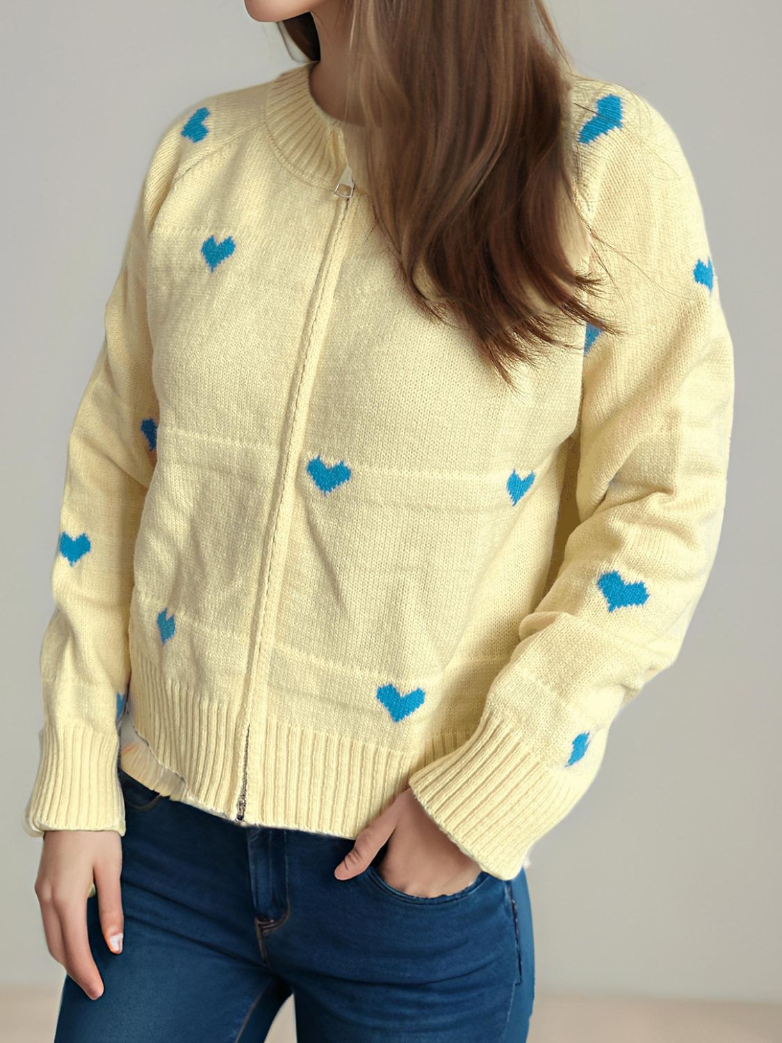 Heart Round Neck Zip Up Cardigan Trendsi