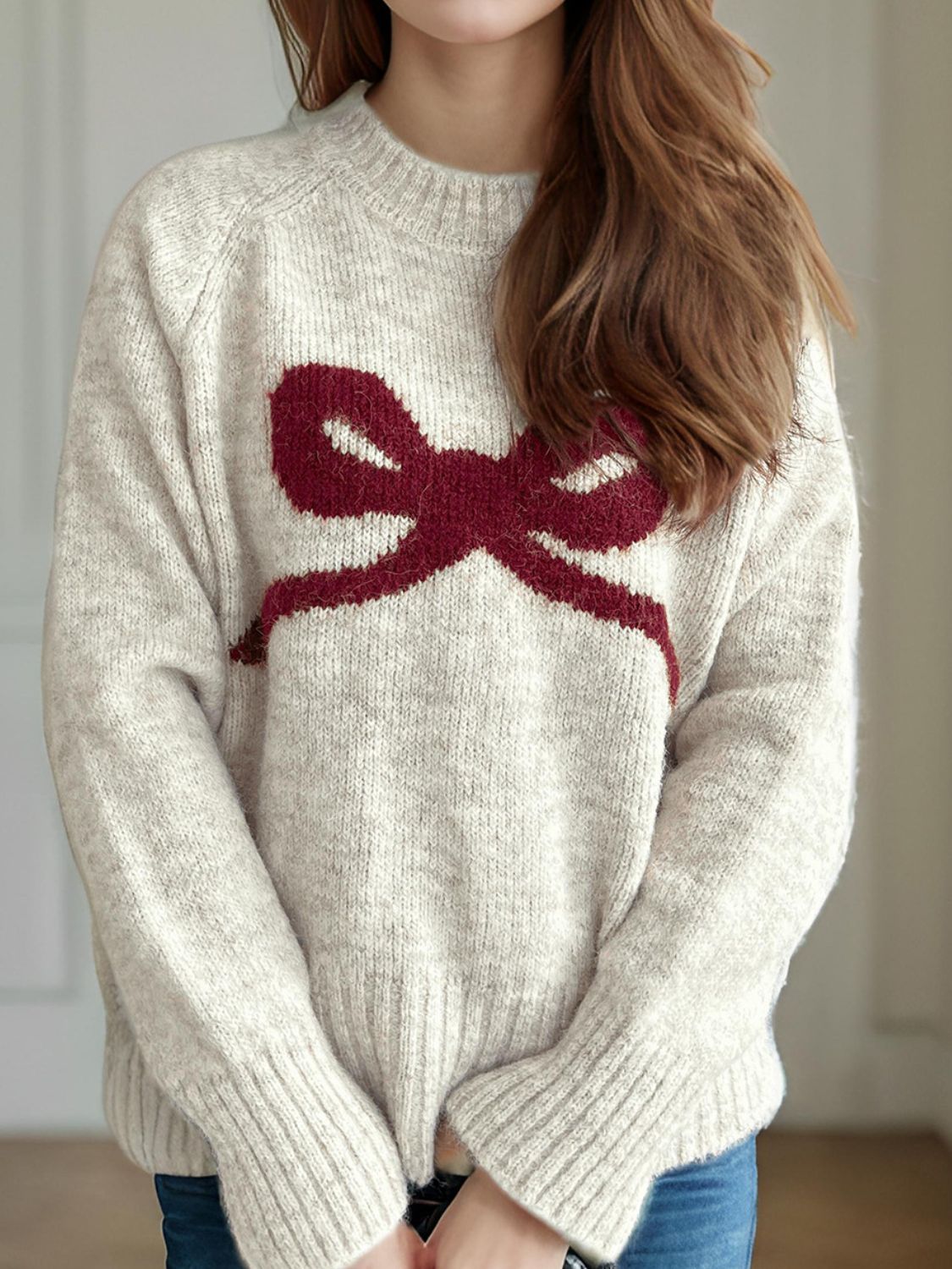 Bow Round Neck Long Sleeve Sweater Trendsi