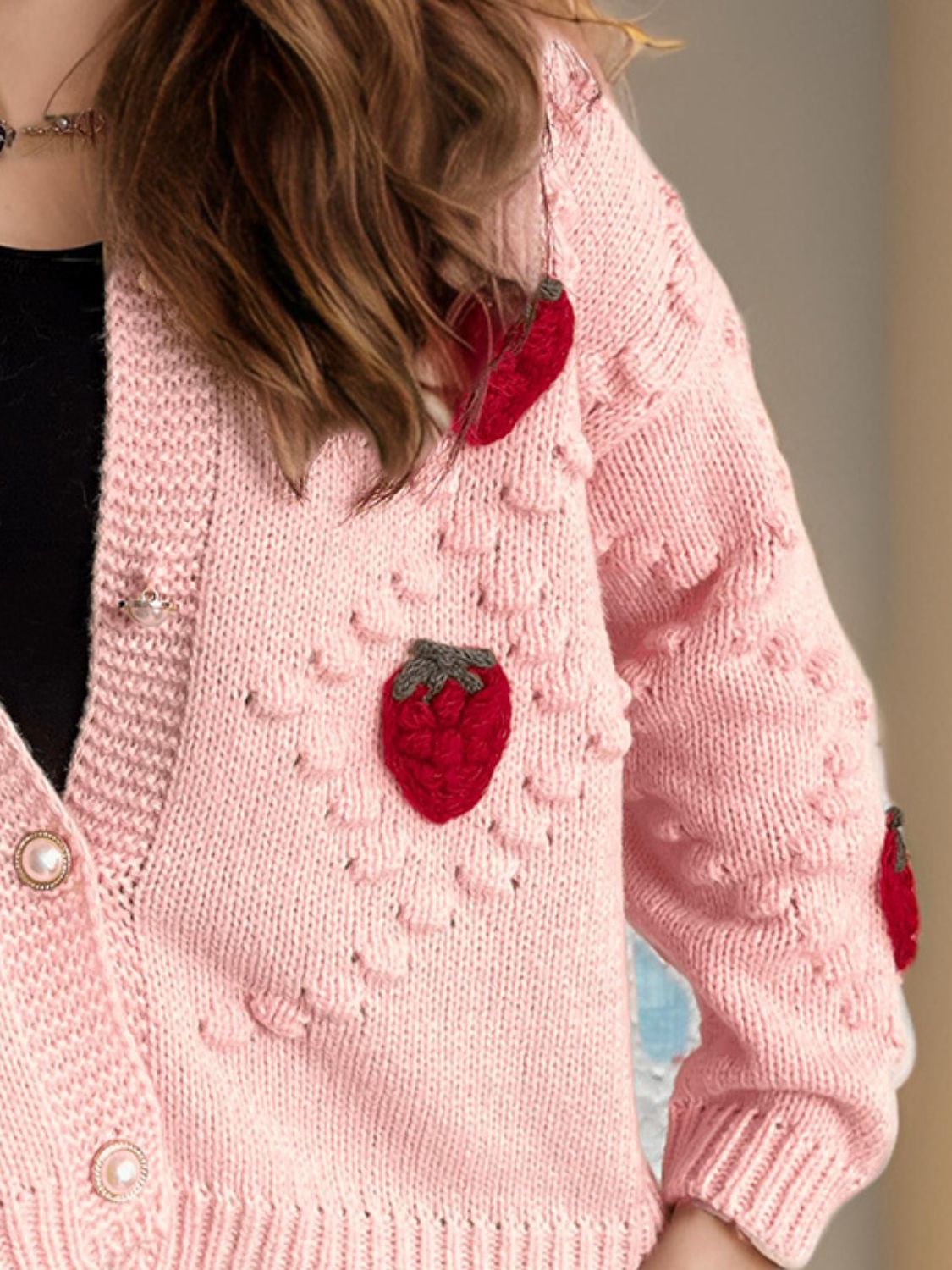 Strawberry Button Down Long Sleeve Cardigan Trendsi