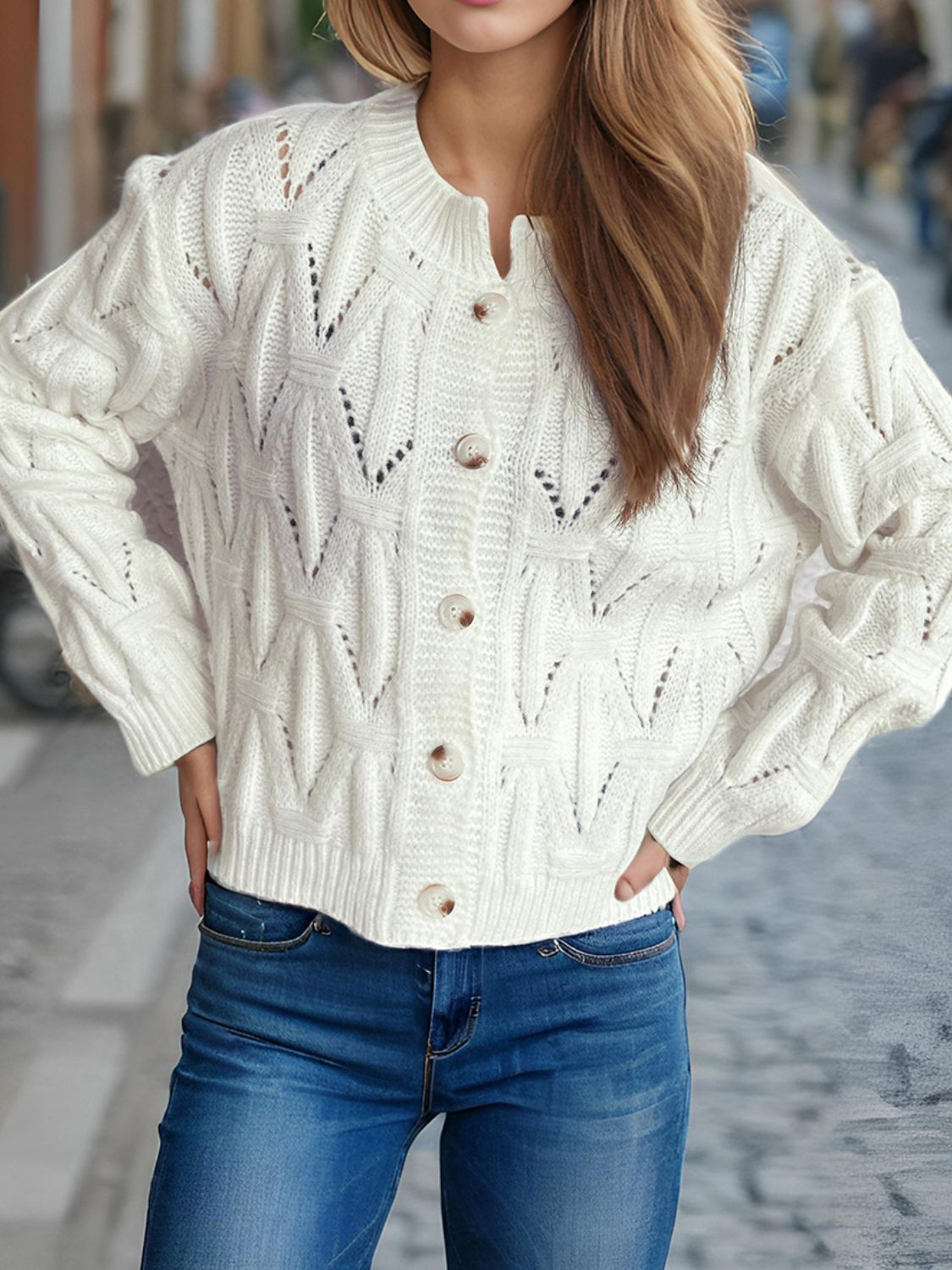 Openwork Round Neck Long Sleeve Cardigan Trendsi