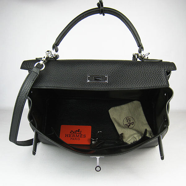 HMS Kelly 32cm Togo Leather Handbag 6108 Black Silver Kilta bags