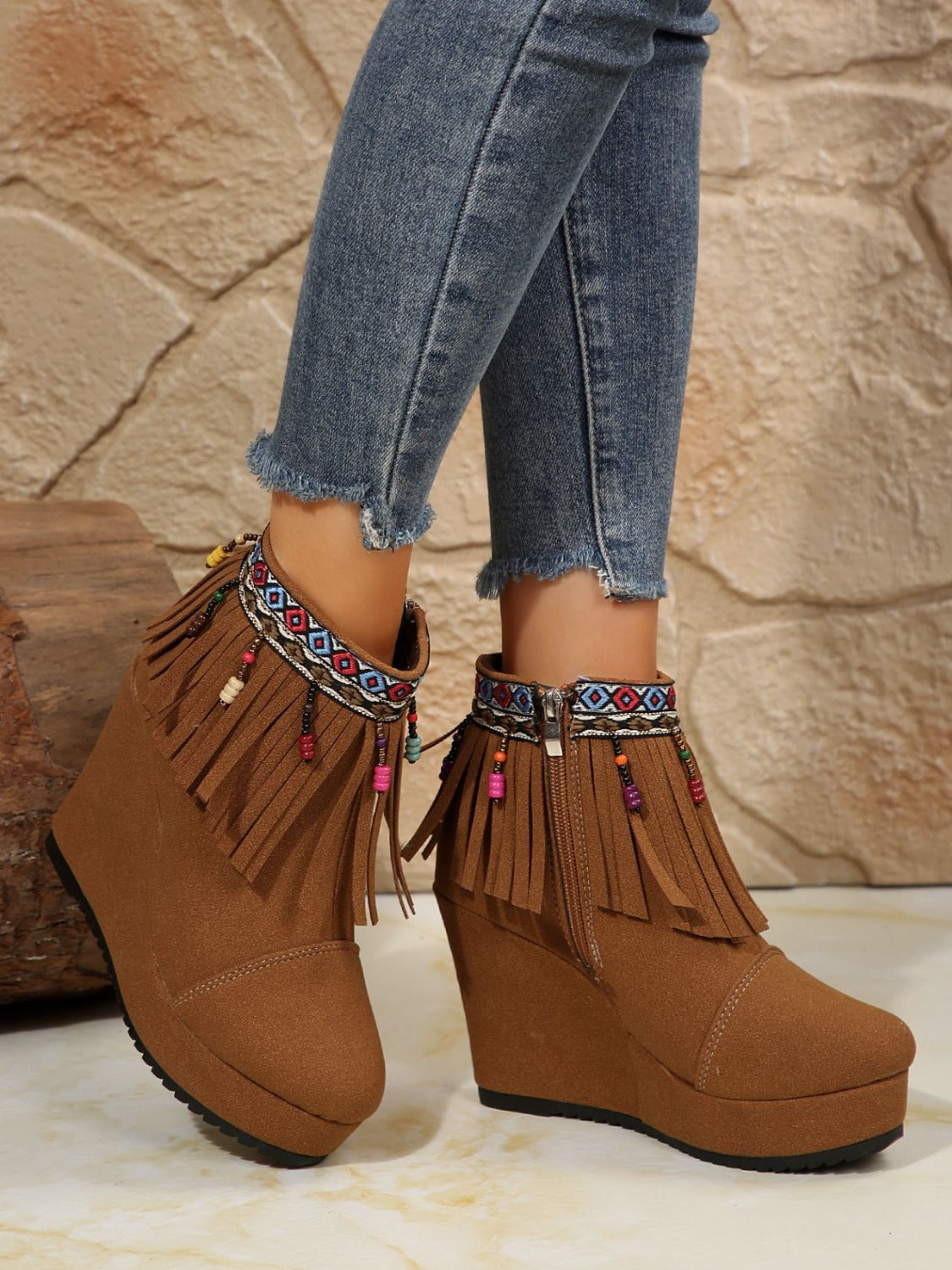 Fringe Suede Wedge Boots Trendsi