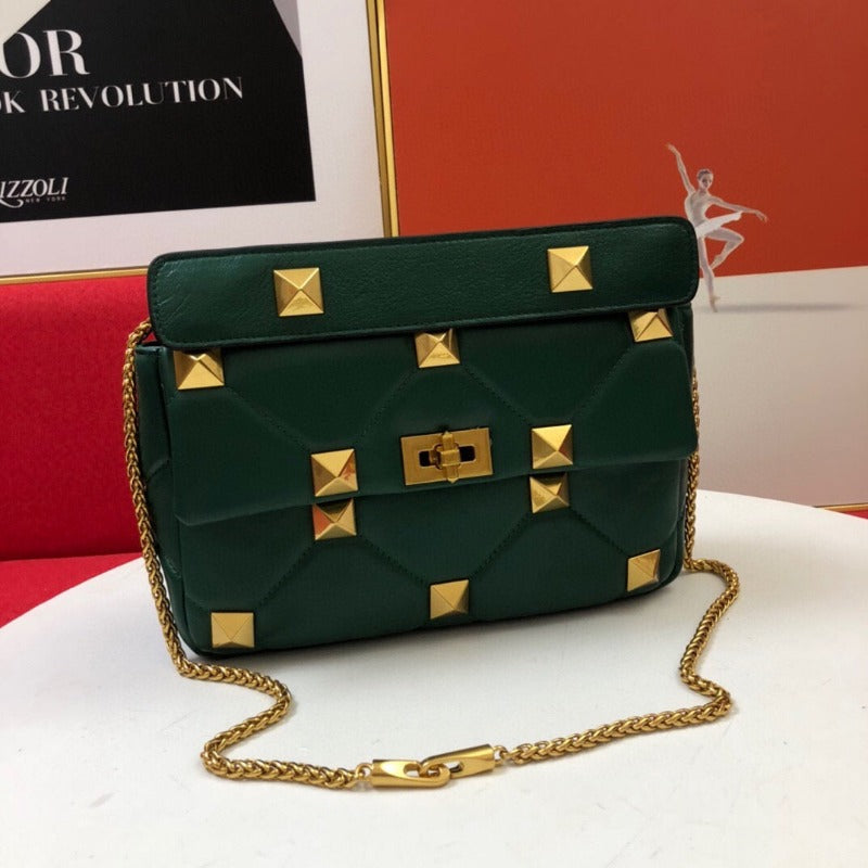 Sneakerhill - Rivet Shoulder Bag With Chain Green - sneakerhillcom