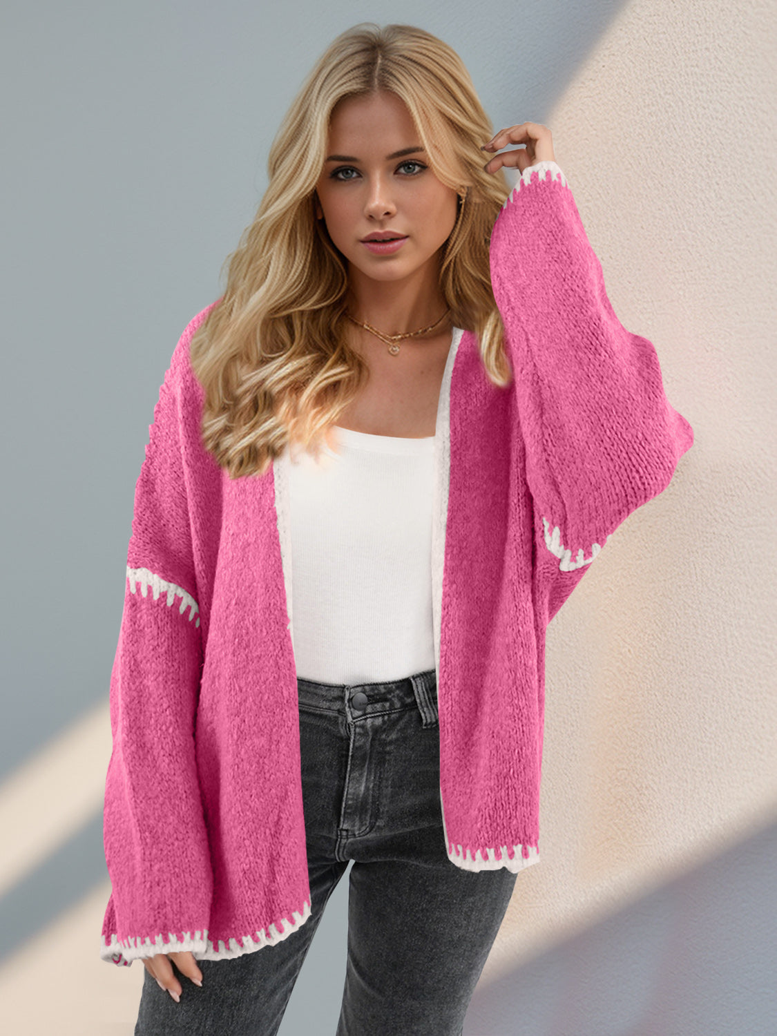 Double Take Contrast Open Front Dropped Shoulder Cardigan Trendsi