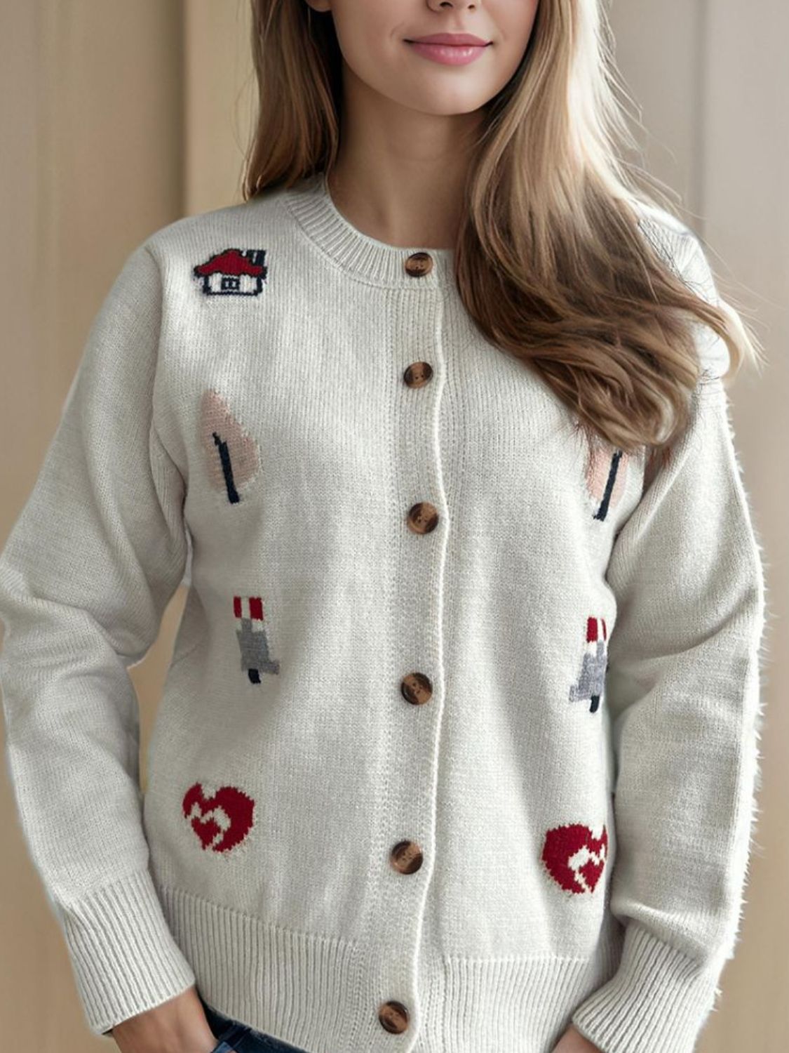 Button Up Round Neck Long Sleeve Cardigan Trendsi