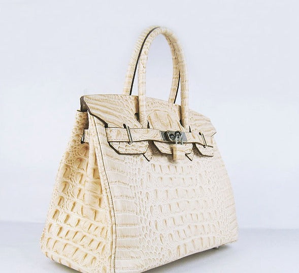 Birkin 30cm Crocodile Head Vein Handbags Beige Silver - sneakerlandnet