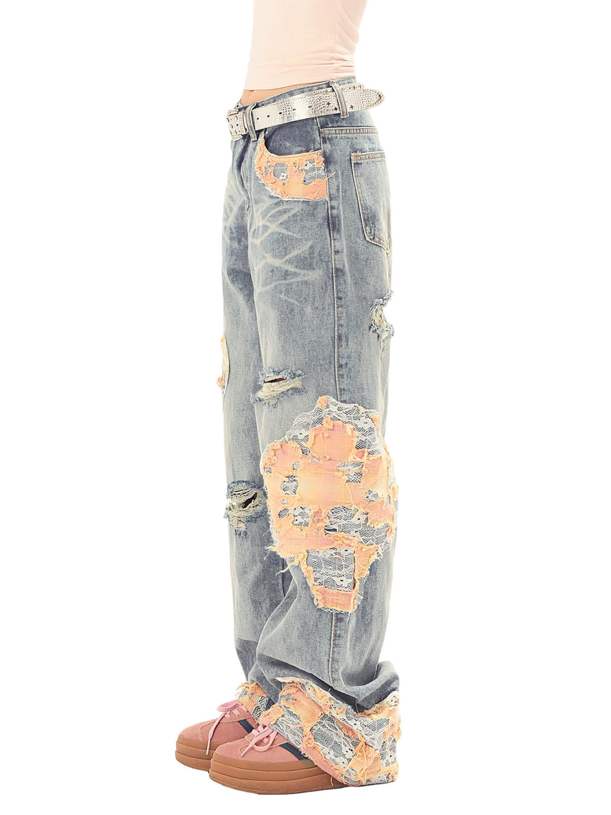 Sneakerhill Vintage Lace Patchwork Baggy Jeans - sneakerhillcom