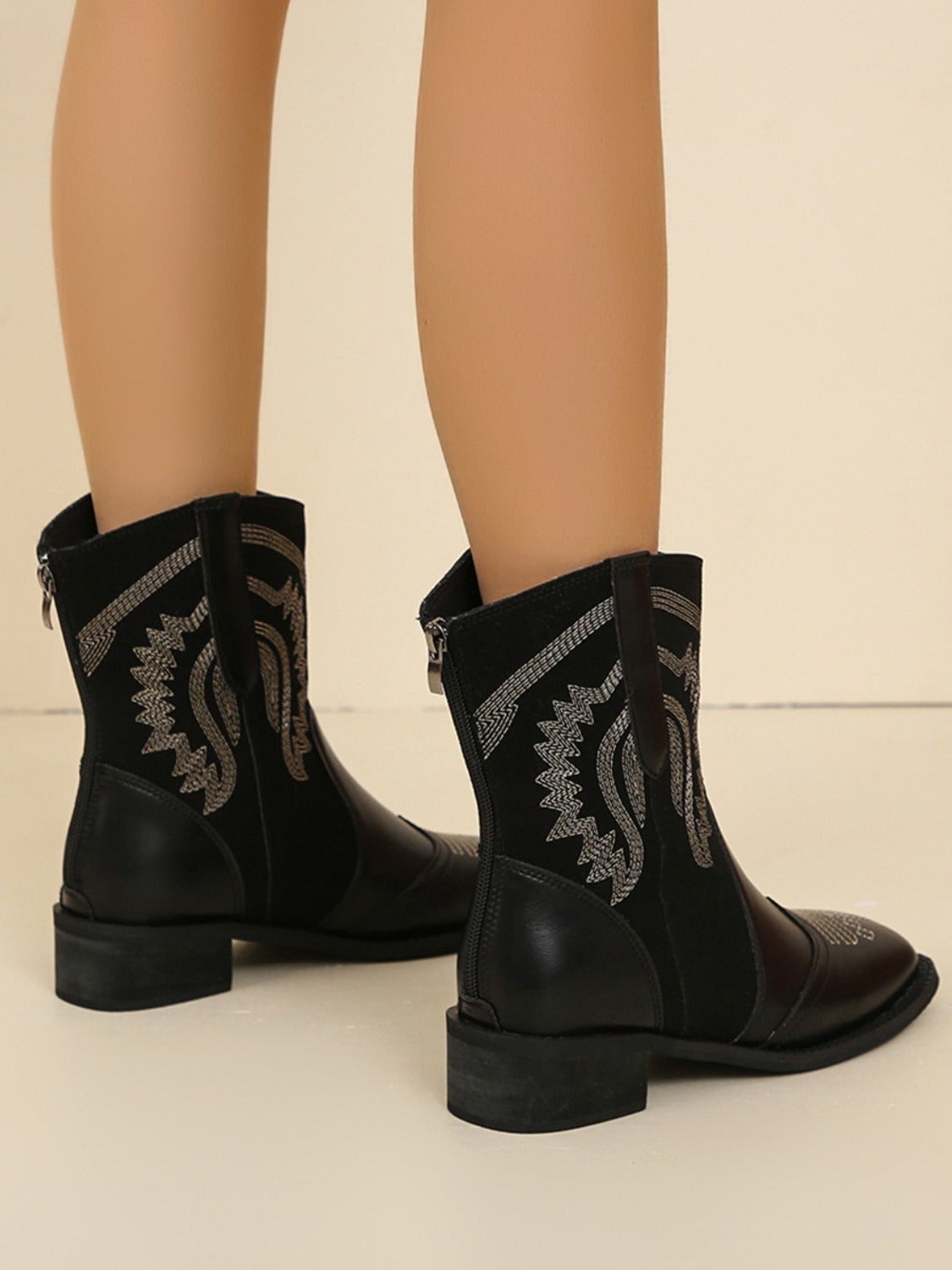 Embroidered PU Leather Block Heel Boots Trendsi