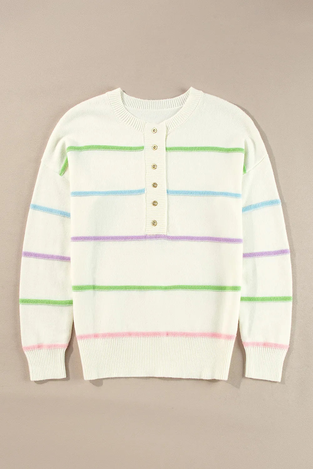 Contrast Striped Half Button Round Neck Sweater Trendsi