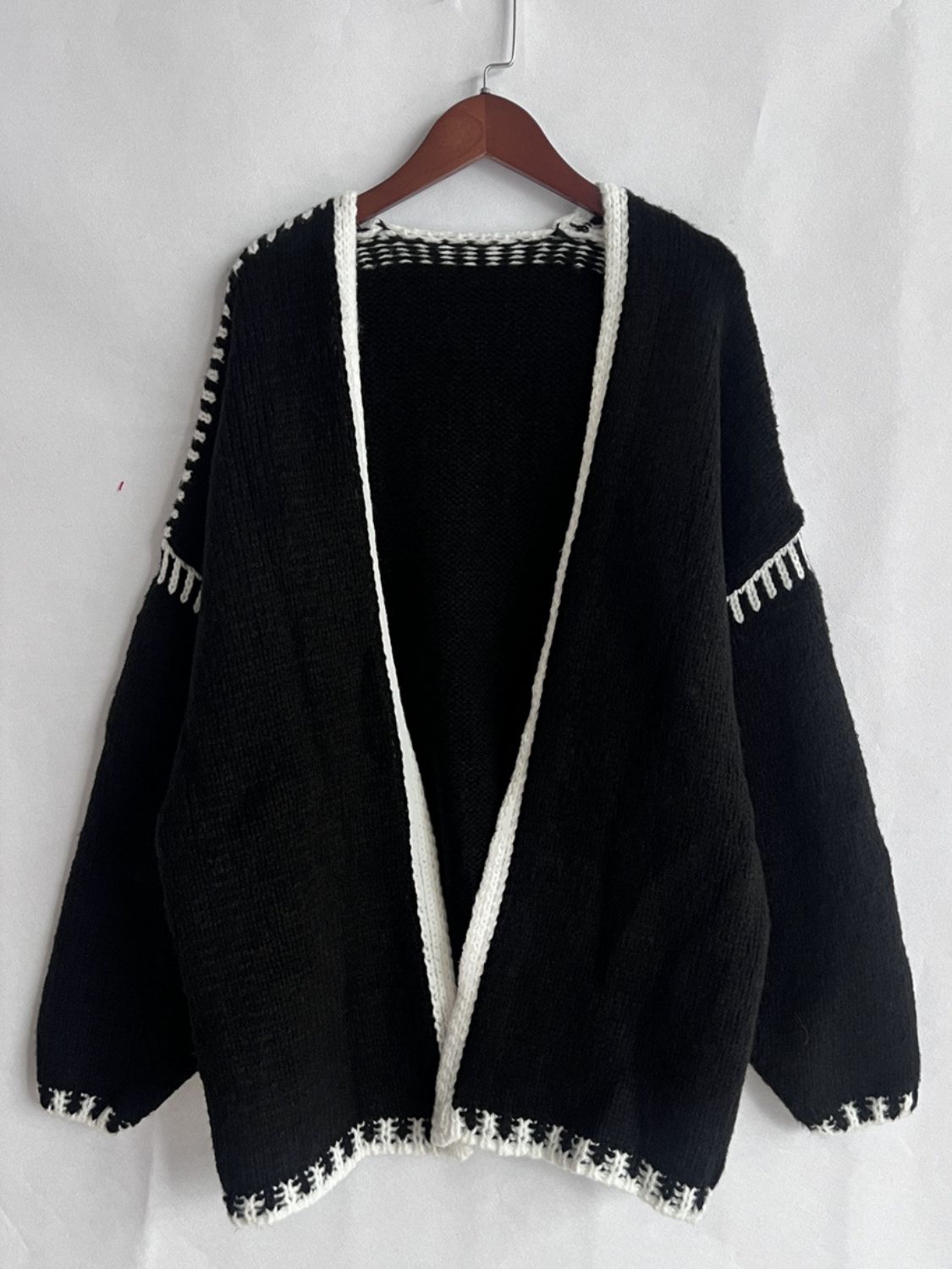 Double Take Contrast Open Front Dropped Shoulder Cardigan Trendsi