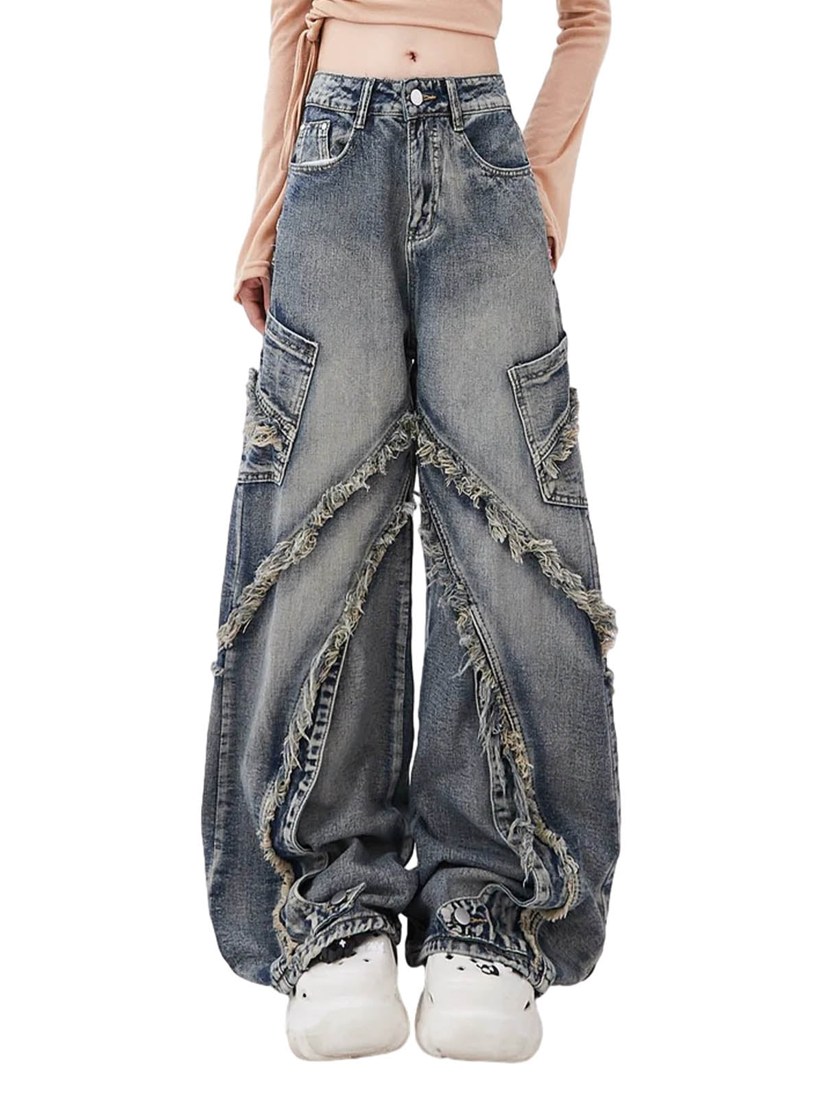 Sneakerhill Washed Side Pocket Raw Edge Baggy Jeans - sneakerhillcom