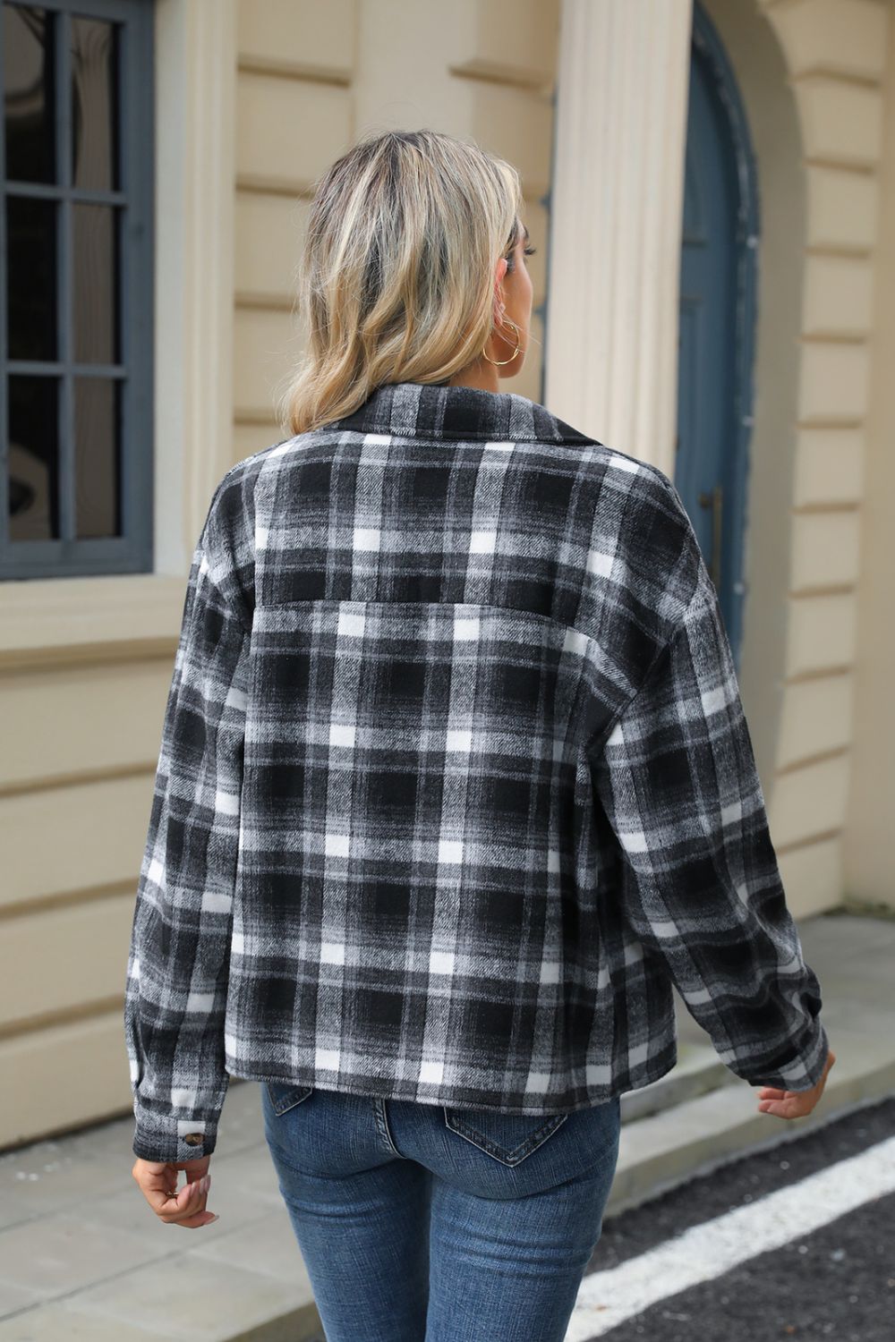 Pocketed Plaid Collared Neck Dropped Shoulder Jacket Trendsi