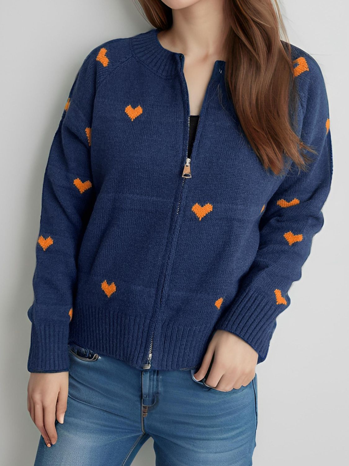 Heart Round Neck Zip Up Cardigan Trendsi