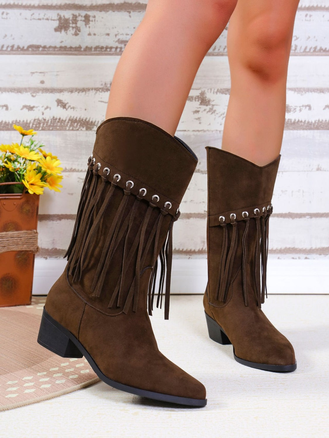 Fringe Suede Point Toe Block Heel Boots Trendsi