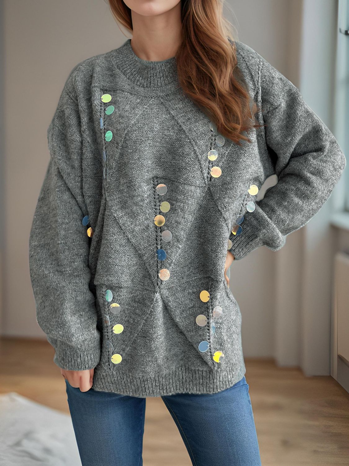 Sequin Mock Neck Long Sleeve Sweater Trendsi