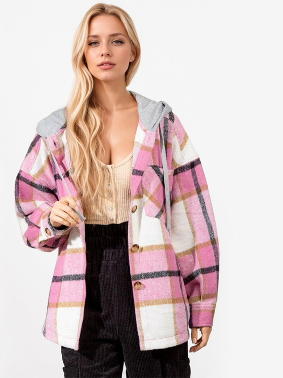 Drawstring Plaid Button Up Long Sleeve Outerwear Trendsi