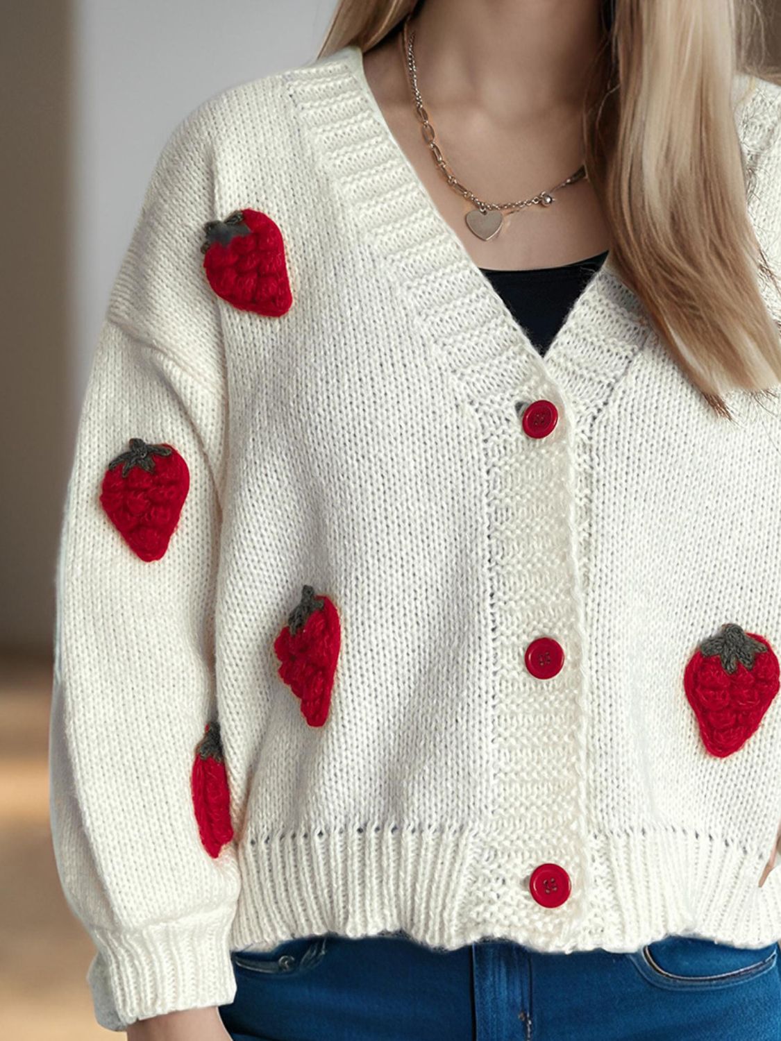 Crochet Strawberry V-Neck Long Sleeve Cardigan Trendsi