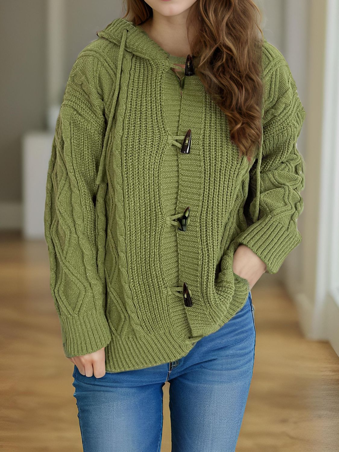 Cable-Knit Long Sleeve Hooded Cardigan Trendsi