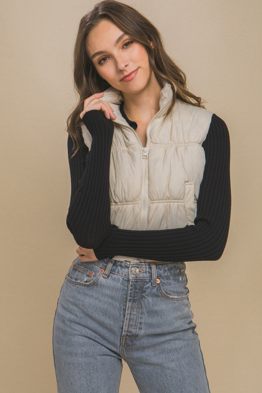 Love Tree Zip Up Turtleneck Cropped Vest Coat Trendsi