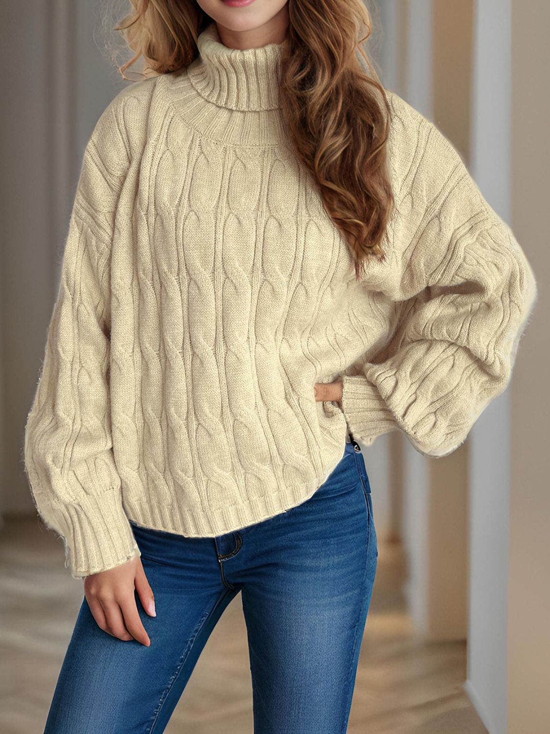 Cable-Knit Turtleneck Long Sleeve Sweater Trendsi