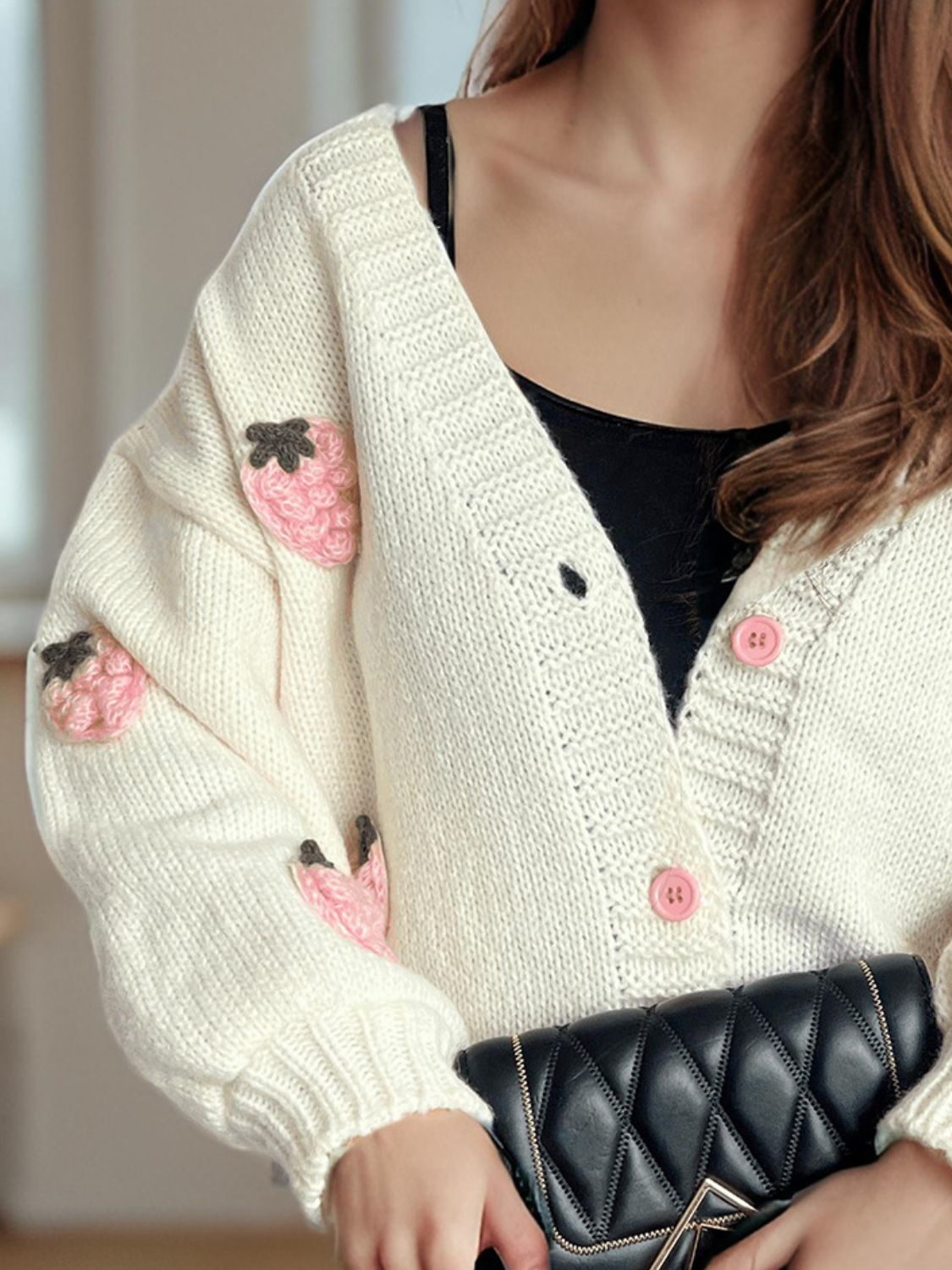 Crochet Strawberry V-Neck Long Sleeve Cardigan Trendsi