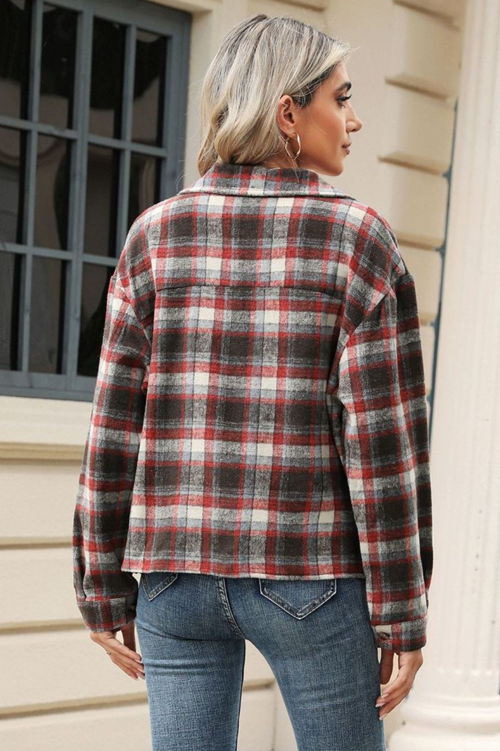 Pocketed Plaid Collared Neck Dropped Shoulder Jacket Trendsi