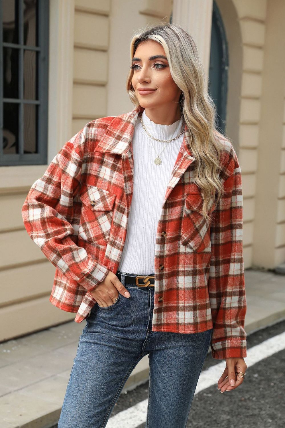 Pocketed Plaid Collared Neck Dropped Shoulder Jacket Trendsi