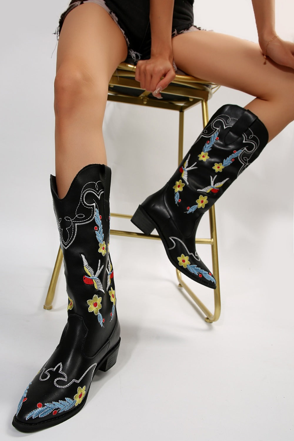 Embroidered Point Toe Block Heel Boots Trendsi