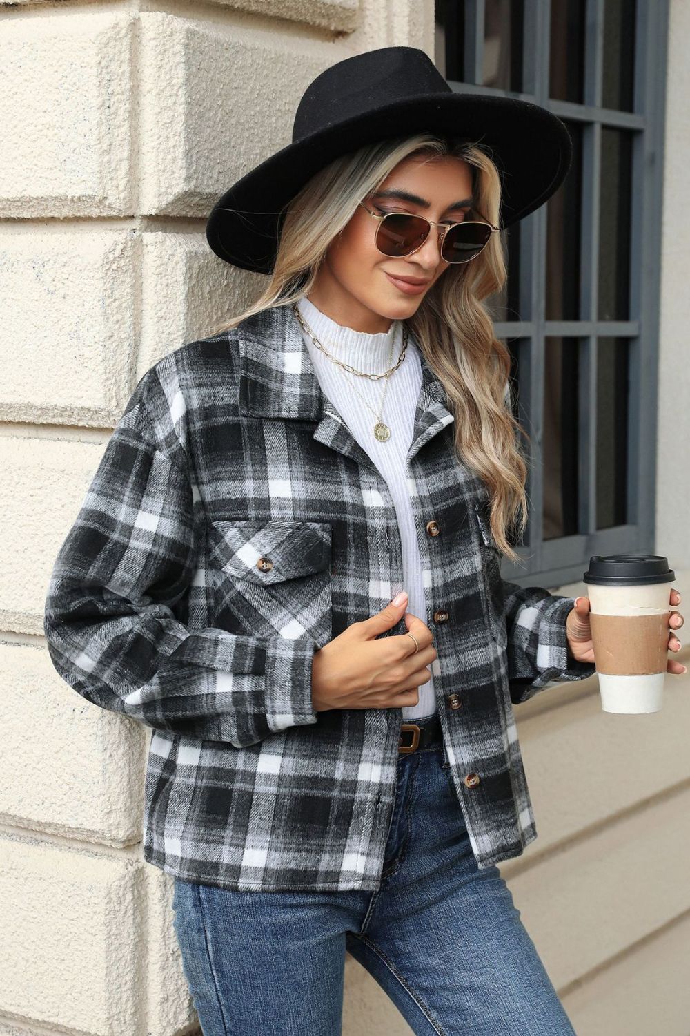 Pocketed Plaid Collared Neck Dropped Shoulder Jacket Trendsi